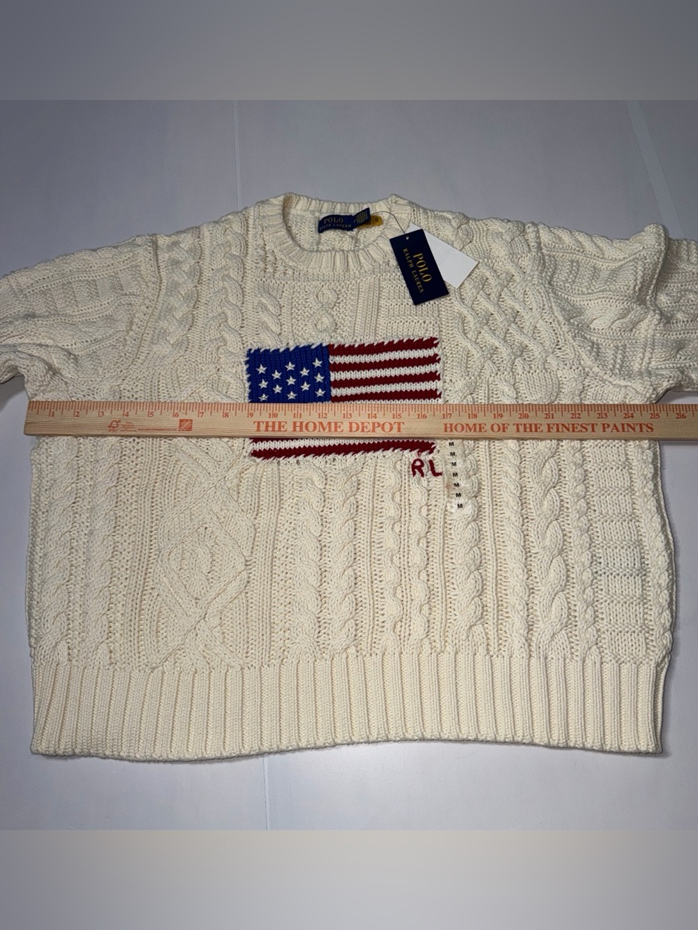 Polo by Ralph Lauren Aran Stitch American Flag Intarsia Crewneck Sweater M NWT - Picture 7 of 12